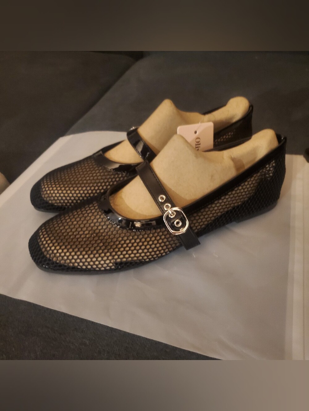 Black Mesh Mary Jane Ballet Flats with Patent Trim